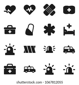 Flat vector icon set - first aid kit vector, doctor bag, ambulance star, heart pulse, patch, hospital bed, amkbulance car, bandage, siren