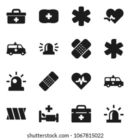 Flat vector icon set - first aid kit vector, doctor bag, ambulance star, heart pulse, patch, hospital bed, amkbulance car, bandage, siren