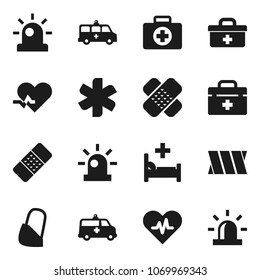 Flat vector icon set - first aid kit vector, doctor bag, ambulance star, heart pulse, patch, hospital bed, amkbulance car, bandage, siren