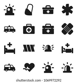 Flat vector icon set - first aid kit vector, doctor bag, ambulance star, heart pulse, patch, hospital bed, amkbulance car, bandage, siren