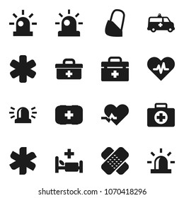Flat vector icon set - first aid kit vector, doctor bag, ambulance star, heart pulse, patch, hospital bed, amkbulance car, bandage, siren