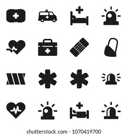 Flat vector icon set - first aid kit vector, doctor bag, ambulance star, heart pulse, patch, hospital bed, amkbulance car, bandage, siren