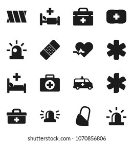 Flat vector icon set - first aid kit vector, doctor bag, ambulance star, heart pulse, patch, hospital bed, amkbulance car, bandage, siren