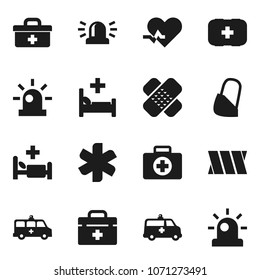 Flat vector icon set - first aid kit vector, doctor bag, ambulance star, heart pulse, patch, hospital bed, amkbulance car, bandage, siren