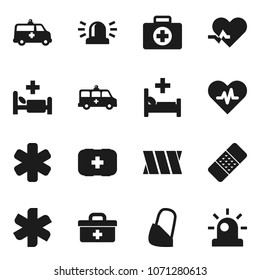 Flat vector icon set - first aid kit vector, doctor bag, ambulance star, heart pulse, patch, hospital bed, ambulance car, bandage, siren