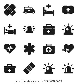 Flat vector icon set - first aid kit vector, doctor bag, ambulance star, heart pulse, patch, hospital bed, amkbulance car, siren