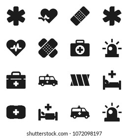 Flat vector icon set - first aid kit vector, doctor bag, ambulance star, heart pulse, patch, hospital bed, amkbulance car, bandage, siren