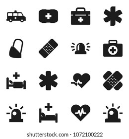 Flat vector icon set - first aid kit vector, doctor bag, ambulance star, heart pulse, patch, hospital bed, amkbulance car, bandage, siren