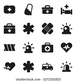 Flat vector icon set - first aid kit vector, doctor bag, ambulance star, heart pulse, patch, hospital bed, amkbulance car, bandage, siren