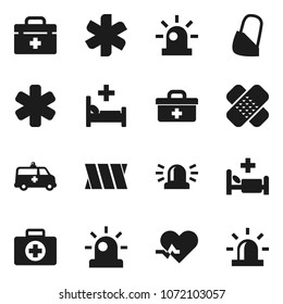 Flat vector icon set - first aid kit vector, doctor bag, ambulance star, heart pulse, patch, hospital bed, amkbulance car, bandage, siren