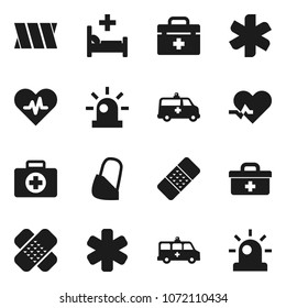 Flat vector icon set - first aid kit vector, doctor bag, ambulance star, heart pulse, patch, hospital bed, amkbulance car, bandage, siren