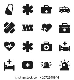 Flat vector icon set - first aid kit vector, doctor bag, ambulance star, heart pulse, patch, hospital bed, amkbulance car, bandage, siren
