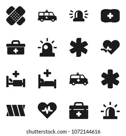 Flat vector icon set - first aid kit vector, doctor bag, ambulance star, heart pulse, patch, hospital bed, amkbulance car, bandage, siren