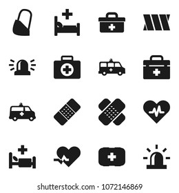 Flat vector icon set - first aid kit vector, doctor bag, heart pulse, patch, hospital bed, amkbulance car, bandage, siren