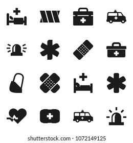Flat vector icon set - first aid kit vector, doctor bag, ambulance star, heart pulse, patch, hospital bed, amkbulance car, bandage, siren