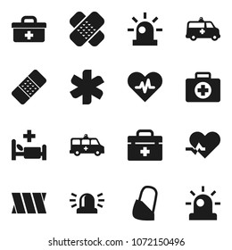 Flat vector icon set - first aid kit vector, doctor bag, ambulance star, heart pulse, patch, hospital bed, amkbulance car, bandage, siren