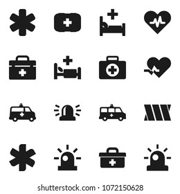 Flat vector icon set - first aid kit vector, doctor bag, ambulance star, heart pulse, hospital bed, amkbulance car, bandage, siren