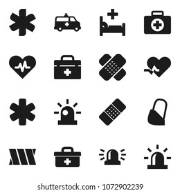 Flat vector icon set - first aid kit vector, doctor bag, ambulance star, heart pulse, patch, hospital bed, amkbulance car, bandage, siren