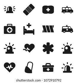 Flat vector icon set - first aid kit vector, doctor bag, ambulance star, heart pulse, patch, hospital bed, amkbulance car, bandage, siren