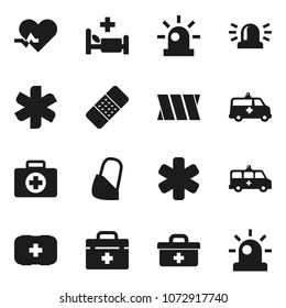 Flat vector icon set - first aid kit vector, doctor bag, ambulance star, heart pulse, patch, hospital bed, amkbulance car, bandage, siren