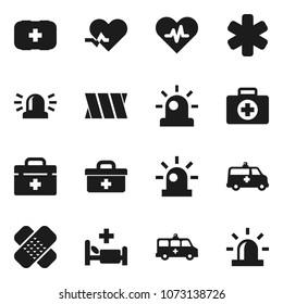 Flat vector icon set - first aid kit vector, doctor bag, ambulance star, heart pulse, patch, hospital bed, amkbulance car, bandage, siren