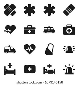 Flat vector icon set - first aid kit vector, doctor bag, ambulance star, heart pulse, patch, hospital bed, amkbulance car, bandage, siren