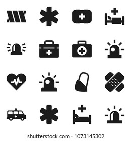 Flat vector icon set - first aid kit vector, doctor bag, ambulance star, heart pulse, patch, hospital bed, amkbulance car, bandage, siren