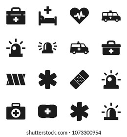 Flat vector icon set - first aid kit vector, doctor bag, ambulance star, heart pulse, patch, hospital bed, amkbulance car, bandage, siren