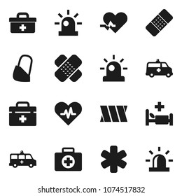 Flat vector icon set - first aid kit vector, doctor bag, ambulance star, heart pulse, patch, hospital bed, amkbulance car, bandage, siren