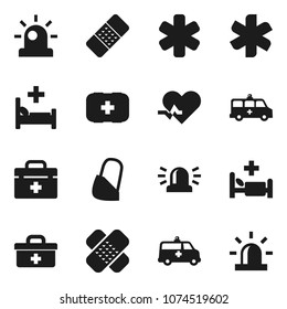 Flat vector icon set - first aid kit vector, doctor bag, ambulance star, heart pulse, patch, hospital bed, amkbulance car, bandage, siren