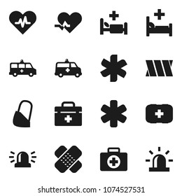 Flat vector icon set - first aid kit vector, doctor bag, ambulance star, heart pulse, patch, hospital bed, amkbulance car, bandage, siren