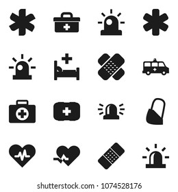 Flat vector icon set - first aid kit vector, doctor bag, ambulance star, heart pulse, patch, hospital bed, amkbulance car, bandage, siren