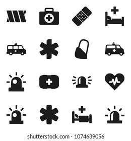 Flat vector icon set - first aid kit vector, ambulance star, heart pulse, patch, hospital bed, amkbulance car, bandage, siren