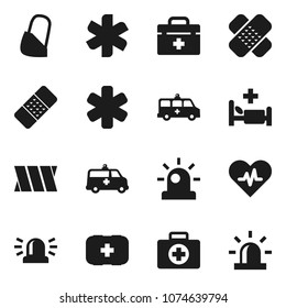 Flat vector icon set - first aid kit vector, doctor bag, ambulance star, heart pulse, patch, hospital bed, amkbulance car, bandage, siren