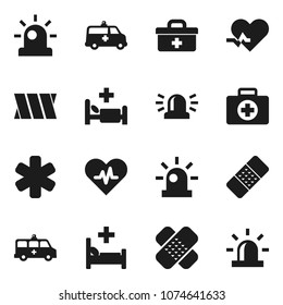 Flat vector icon set - first aid kit vector, doctor bag, ambulance star, heart pulse, patch, hospital bed, amkbulance car, bandage, siren