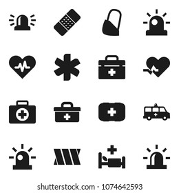 Flat vector icon set - first aid kit vector, doctor bag, ambulance star, heart pulse, patch, hospital bed, amkbulance car, bandage, siren