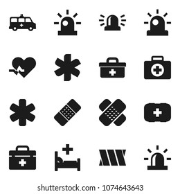 Flat vector icon set - first aid kit vector, doctor bag, ambulance star, heart pulse, patch, hospital bed, amkbulance car, bandage, siren
