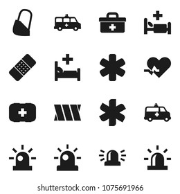 Flat vector icon set - first aid kit vector, doctor bag, ambulance star, heart pulse, patch, hospital bed, amkbulance car, bandage, siren