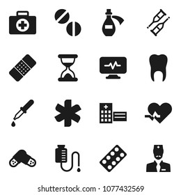 Flat vector icon set - first aid kit vector, ambulance star, heart pulse, dropper, crutches, sand clock, patch, pills, blister, hospital building, diagnostic monitor, potion, drop counter, tooth