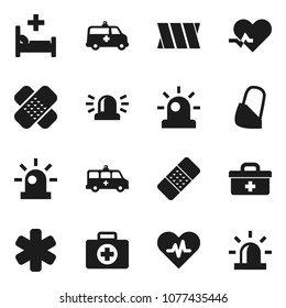 Flat vector icon set - first aid kit vector, doctor bag, ambulance star, heart pulse, patch, hospital bed, amkbulance car, bandage, siren