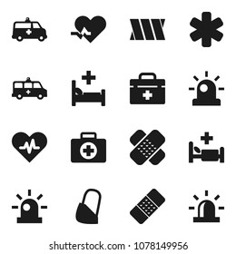 Flat vector icon set - first aid kit vector, doctor bag, ambulance star, heart pulse, patch, hospital bed,   car, bandage, siren