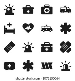 Flat vector icon set - first aid kit vector, doctor bag, ambulance star, heart pulse, patch, hospital bed,   car, bandage, siren
