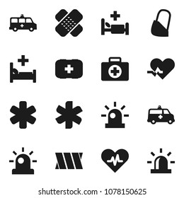 Flat vector icon set - first aid kit vector, ambulance star, heart pulse, patch, hospital bed,   car, bandage, siren