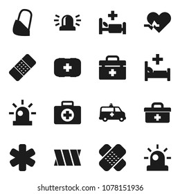 Flat vector icon set - first aid kit vector, doctor bag, ambulance star, heart pulse, patch, hospital bed, amkbulance car, bandage, siren
