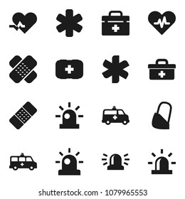 Flat vector icon set - first aid kit vector, doctor bag, ambulance star, heart pulse, patch, amkbulance car, bandage, siren