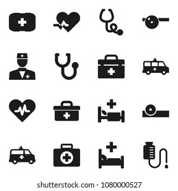 Flat vector icon set - first aid kit vector, doctor bag, heart pulse, stethoscope, eye hat, hospital bed, amkbulance car, drop counter