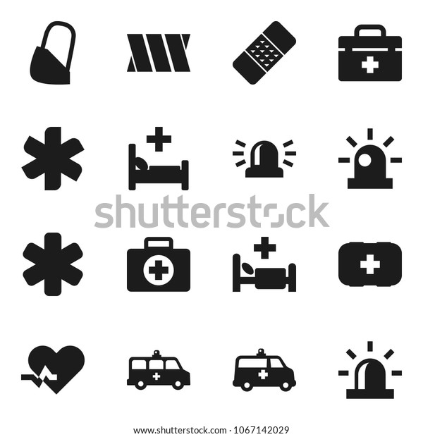 Flat vector icon set - first aid kit vector, doctor
bag, ambulance star, heart pulse, patch, hospital bed, amkbulance
car, bandage, siren