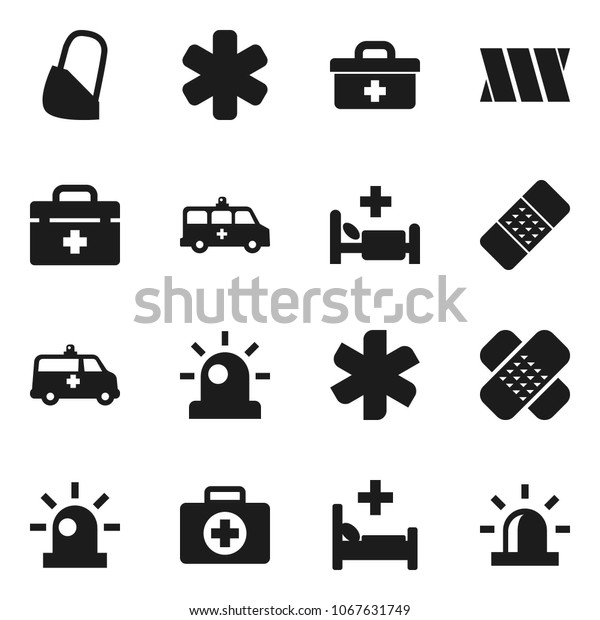 Flat
vector icon set - first aid kit vector, doctor bag, ambulance star,
patch, hospital bed, ambulance car, bandage,
siren