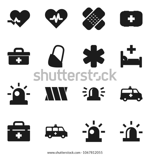 Flat vector icon set - first aid kit vector, doctor\
bag, ambulance star, heart pulse, patch, hospital bed, amkbulance\
car, bandage, siren