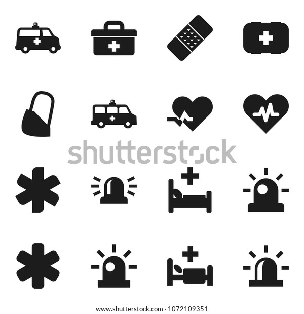 Flat vector icon set - first aid kit vector, doctor\
bag, ambulance star, heart pulse, patch, hospital bed, amkbulance\
car, bandage, siren